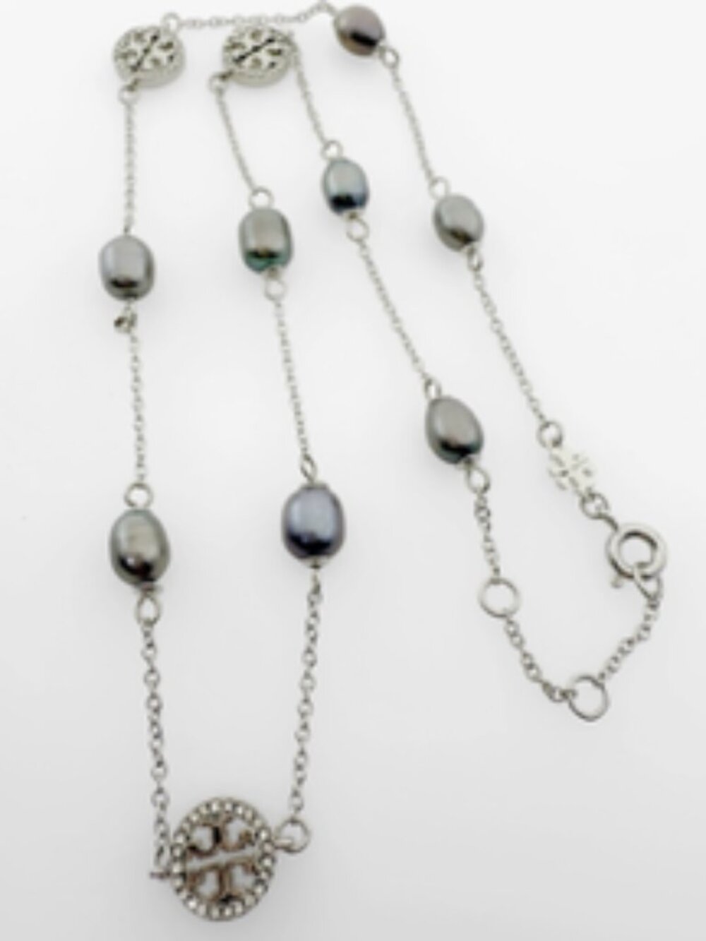 Tory Burch Silver Logo Station Necklace with Gray Pearl Accents